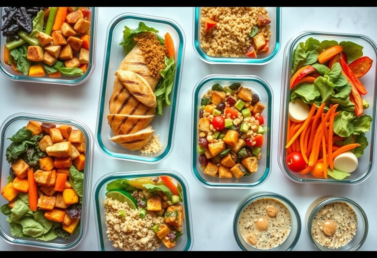 Assortment of vibrant prepped ingredients and cooked meals, representing versatile quick and easy family meal prep ideas in clear containers.