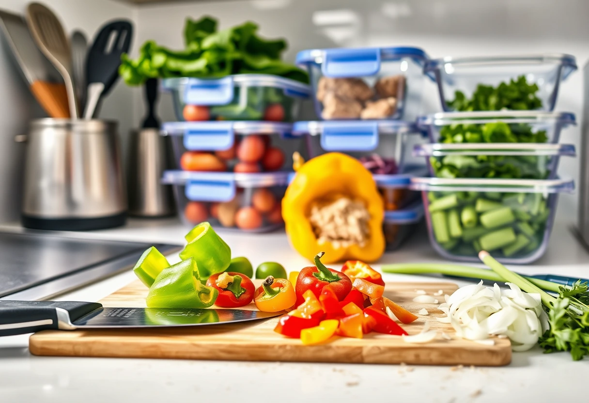 Various kitchen tools and organized, partially prepped ingredients on a clean counter, ready for quick and easy family meal prep ideas.