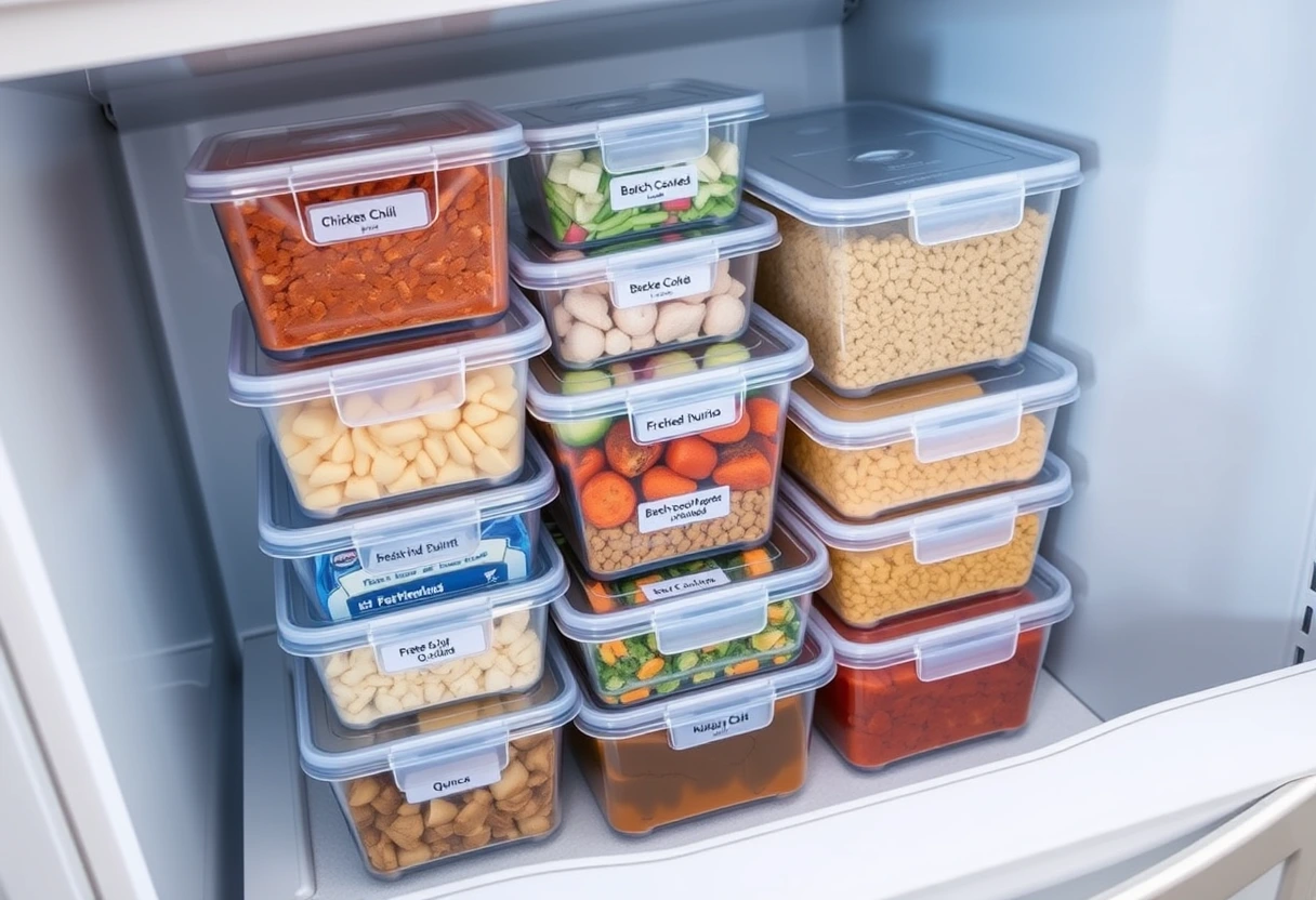A freezer drawer filled with neatly organized, labeled containers of quick and easy family meal prep ideas and prepped ingredients.