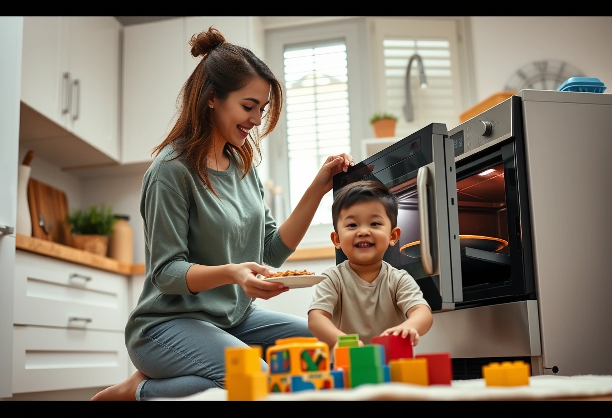 A busy young mother quickly warming up quick and easy frozen dinners that the whole family loves, with a happy child playing in the background, showcasing efficient meal prep.
