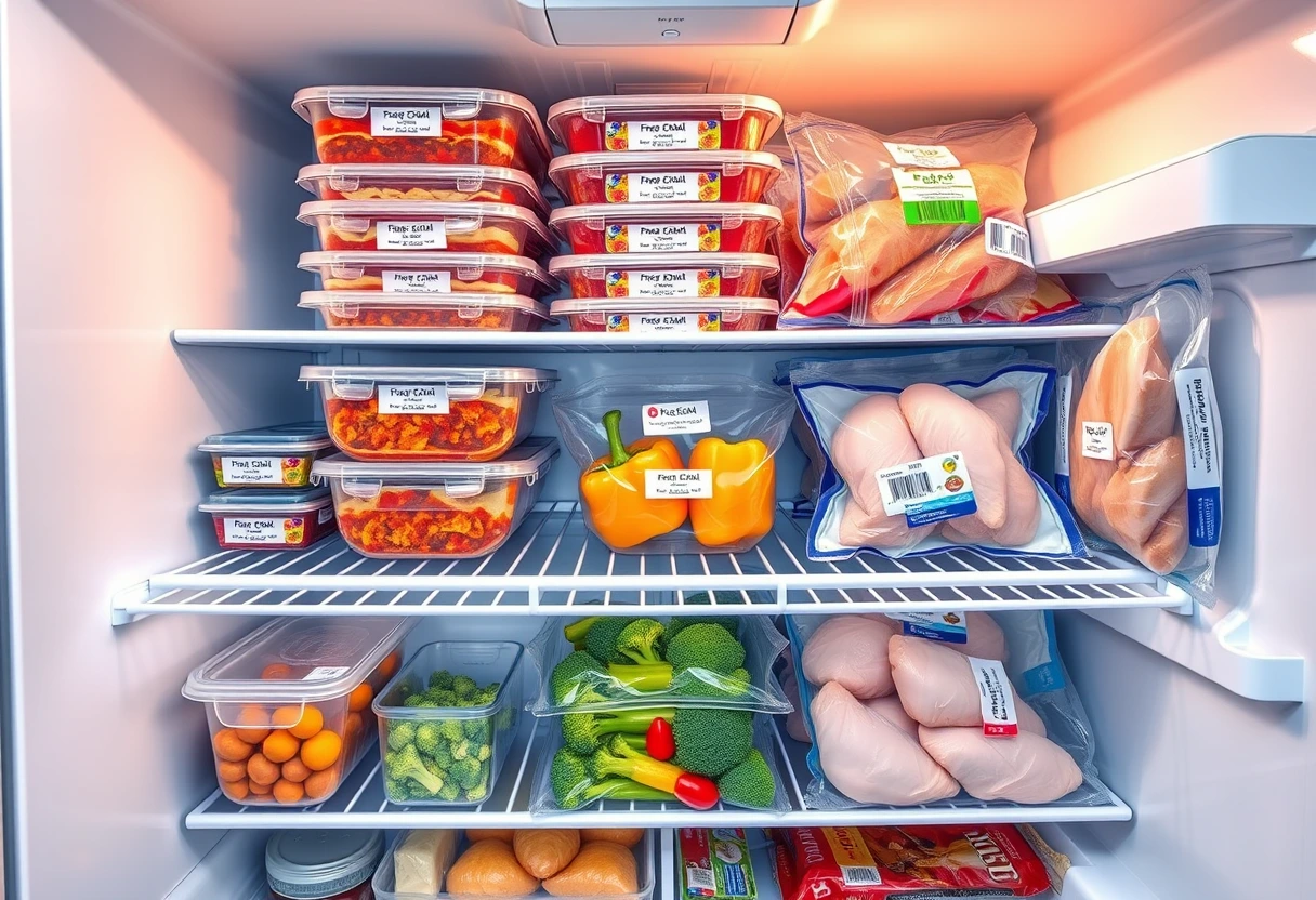An organized freezer stocked with various quick and easy frozen dinners, including pre-portioned homemade meals and frozen vegetable mixes, ready for convenient family meals.