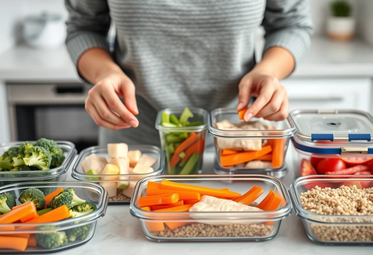A single mom efficiently meal prepping a variety of fresh vegetables and cooked proteins in a modern kitchen, neatly arranged in food containers, illustrating how quick and easy meals for single moms can be achieved with planning.