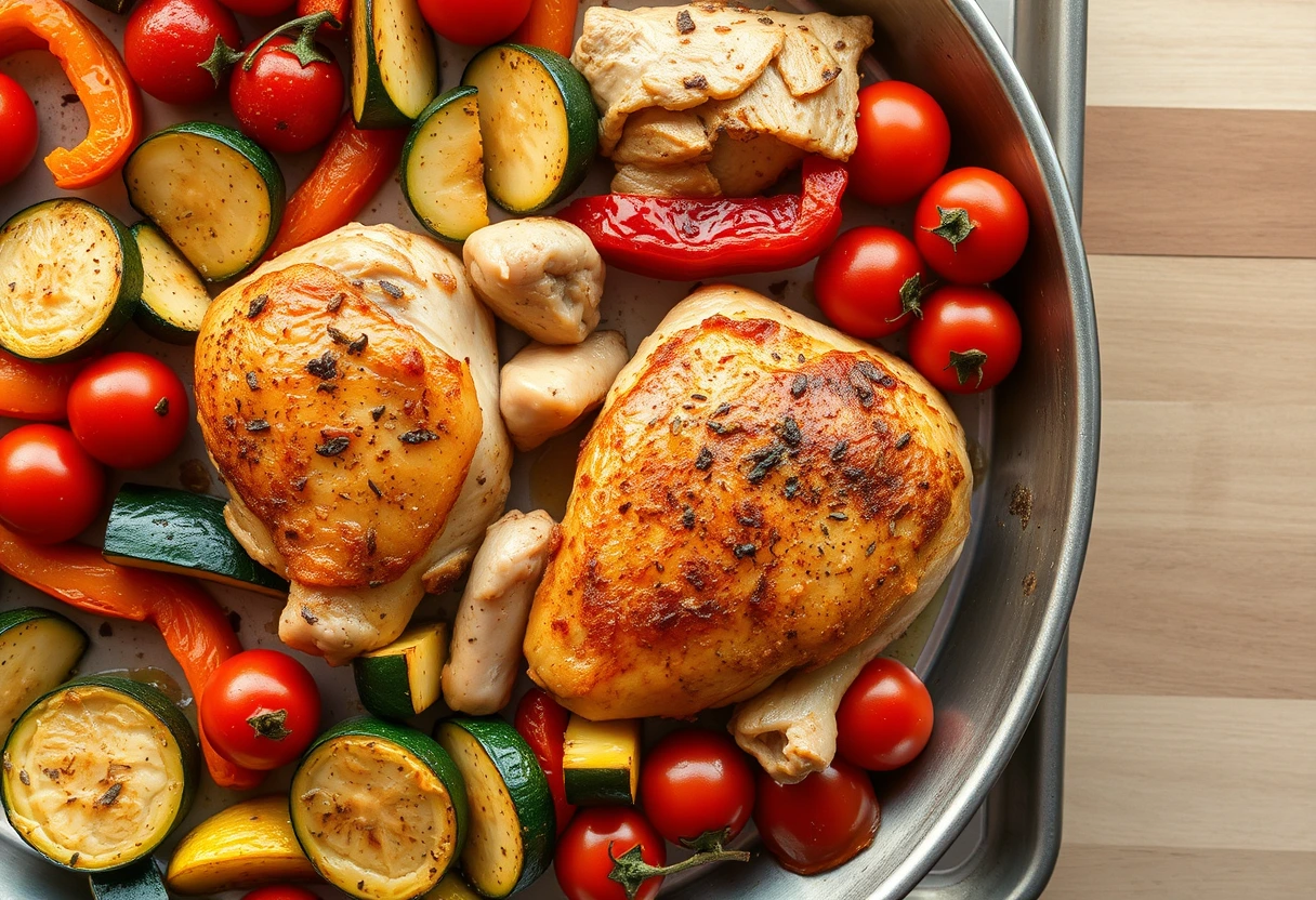 A vibrant, delicious sheet pan dinner featuring roasted chicken and colorful vegetables, highlighting a quick and easy meal for a single mom with minimal cleanup.