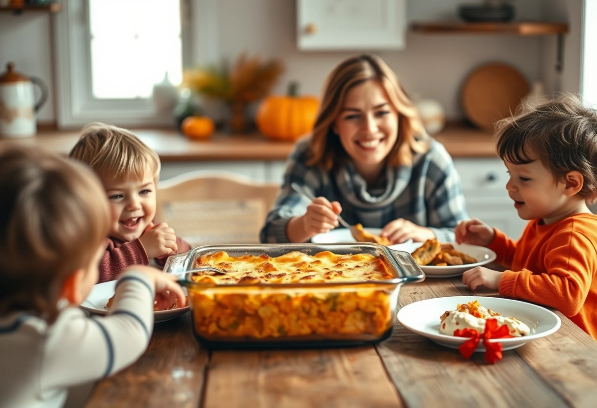 A family enjoying a Thanksgiving morning breakfast together, with an oven-baked casserole on the table, showcasing quick and festive breakfast ideas for Thanksgiving.