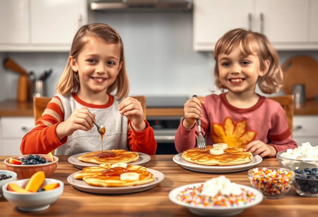 Smiling children decorating turkey-shaped pancakes with fruit and syrup, illustrating quick and festive breakfast ideas for Thanksgiving that are fun for kids.
