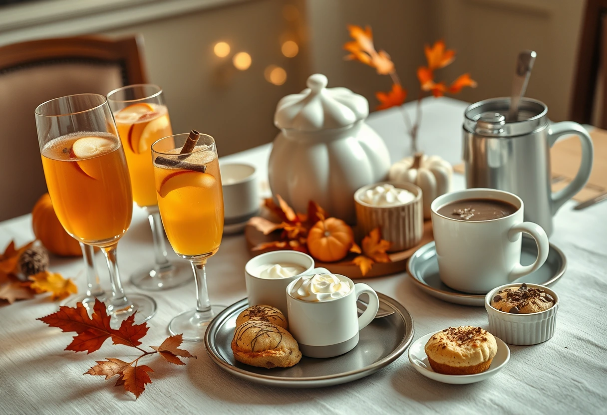A beautifully set Thanksgiving breakfast table with an array of quick and festive breakfast options, including hot beverages and small pastries, creating a warm and inviting scene.