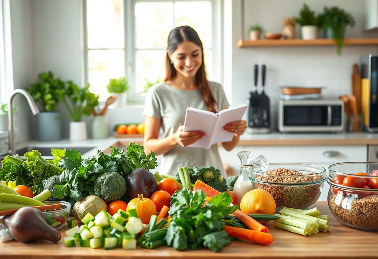 A busy mom smiling while cooking quick and healthy family dinners, surrounded by fresh ingredients and helpful kitchen gadgets. Focus on efficient cooking and healthy eating.