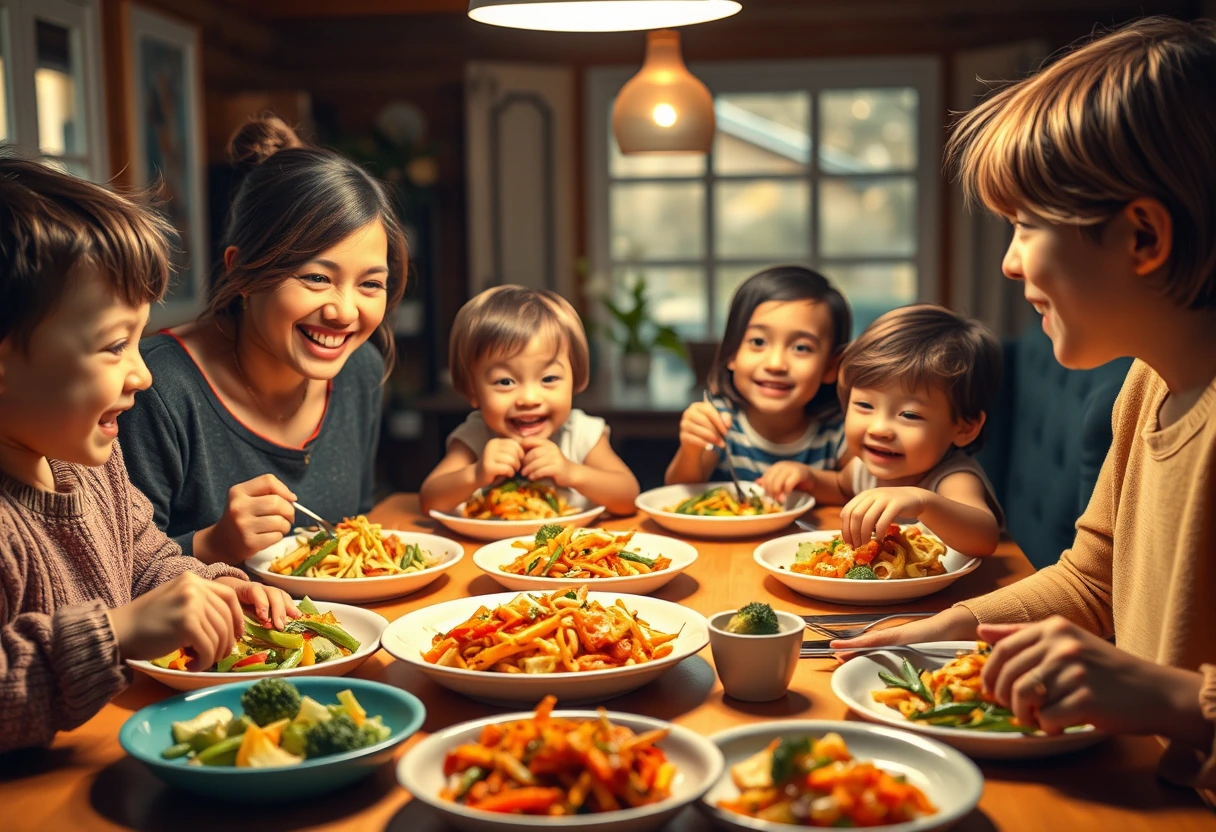 A family gathered around a dinner table, happily eating quick and healthy family dinners. Focus on warmth, connection, and enjoying nutritious food together.