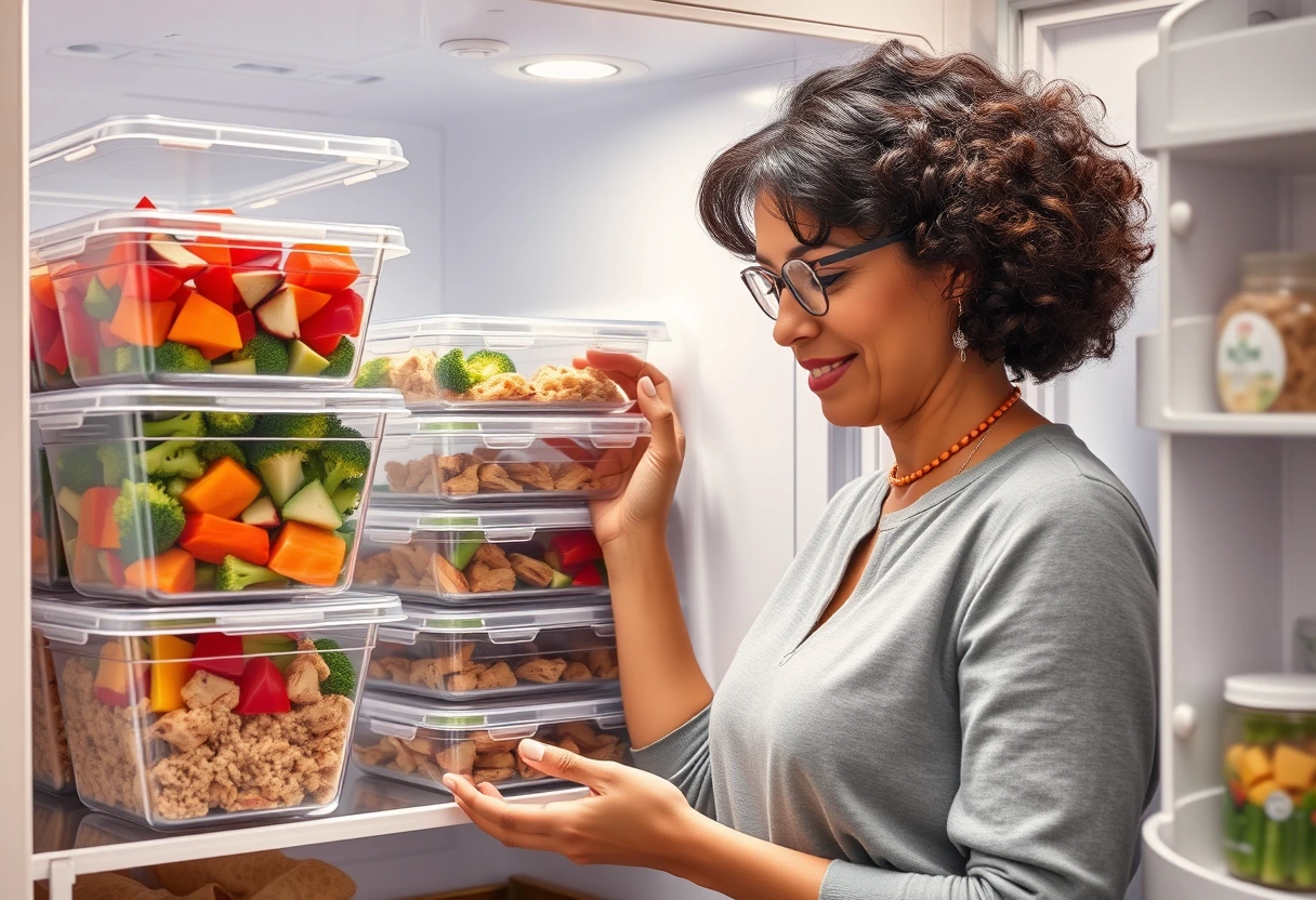 A busy mom efficiently organizing pre-portioned meal prep containers in her refrigerator. The containers are filled with colorful, healthy ingredients like chopped vegetables, grilled chicken, and quinoa, ready for quick assembly into family-friendly meals. The scene highlights the convenience of prepared food.
