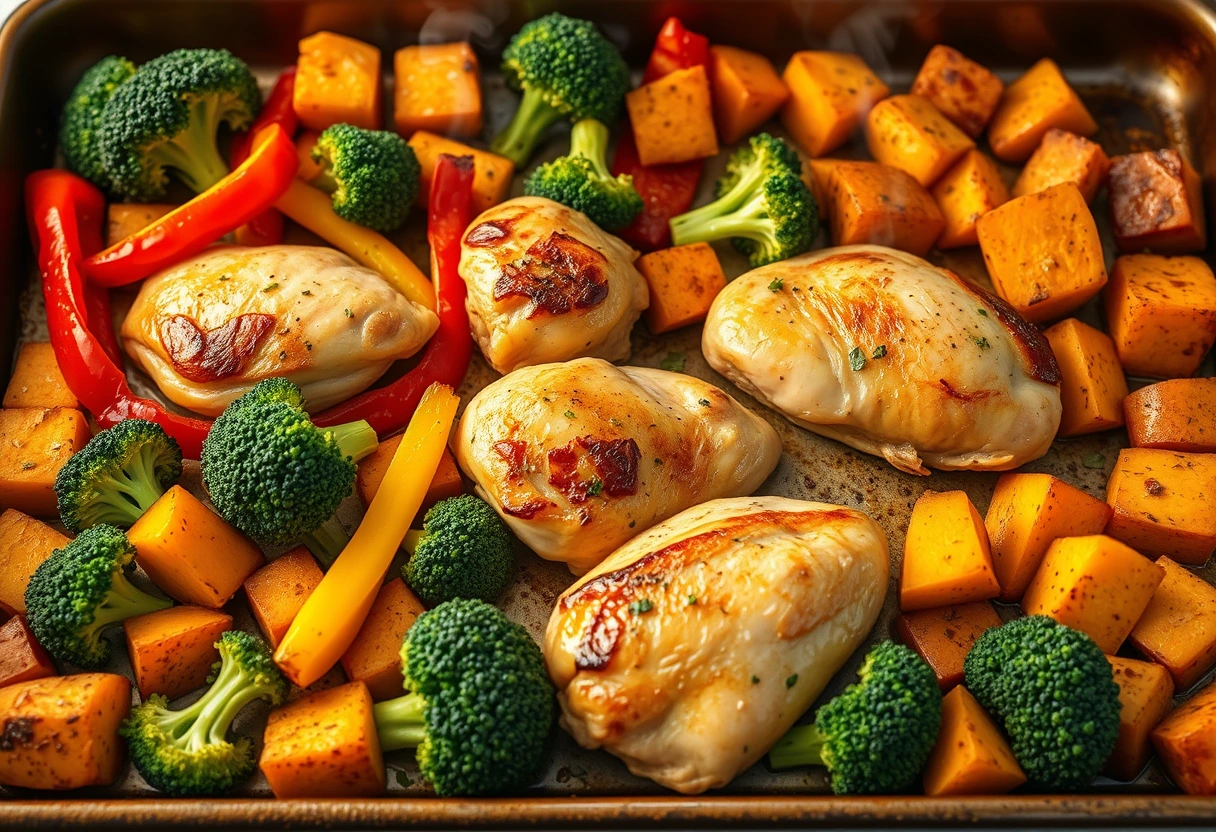 A vibrant, delicious sheet pan meal featuring roasted chicken, colorful bell peppers, broccoli, and sweet potatoes, fresh out of the oven. The meal looks appealing and easy to prepare, perfect for busy moms seeking quick and healthy family meals.