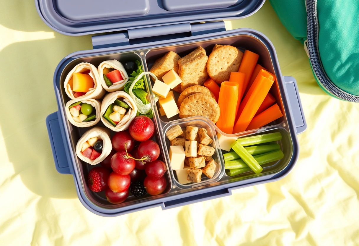 A vibrant bento box filled with a variety of quick and healthy lunch ideas kids will actually eat, featuring colorful fruit skewers, mini chicken wraps, cheese cubes, and carrot sticks.