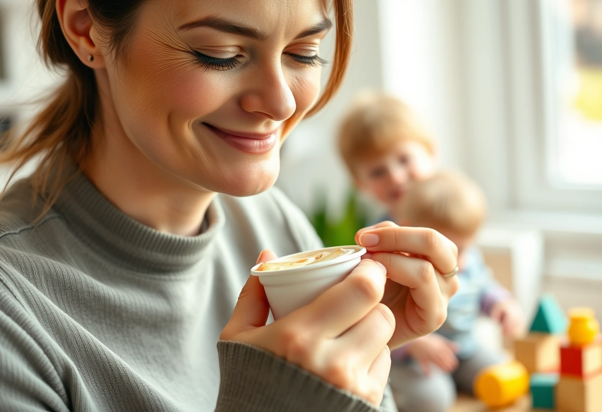 A busy mother enjoying a quick and healthy snack, possibly a fruit and nut butter, while her child plays in the background, embodying practical snack solutions for busy moms.