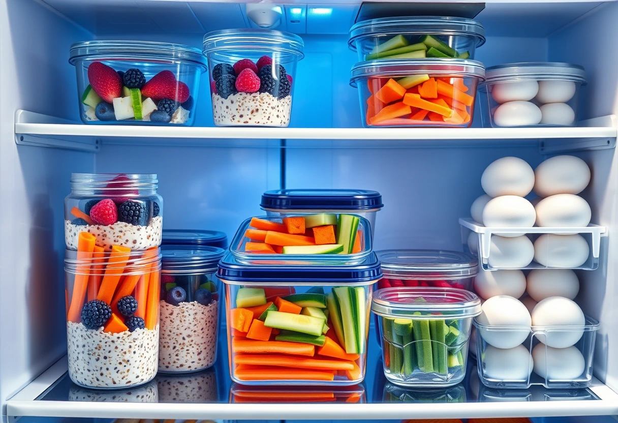 A well-organized refrigerator shelf with glass containers filled with prepped quick healthy snacks, including overnight oats, sliced vegetables, and hard-boiled eggs, showcasing efficient meal prep ideas for parents.