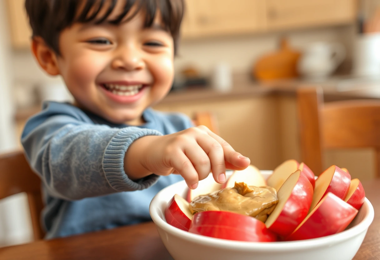 A child happily reaching for a bowl of sliced apples and peanut butter, representing a quick healthy snack choice for children.