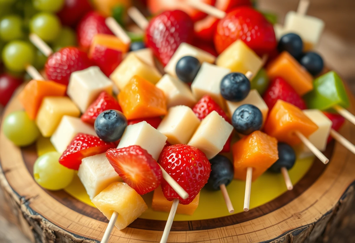 Colorful fruit and cheese skewers arranged on a platter, demonstrating an attractive and easy healthy snack for kids.