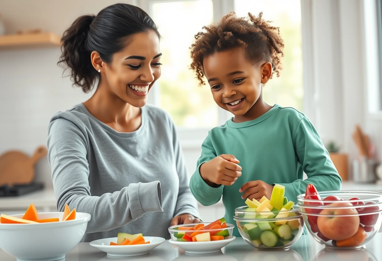 A busy mother and her young child happily preparing healthy snacks together in a clean, bright kitchen, emphasizing collaboration.