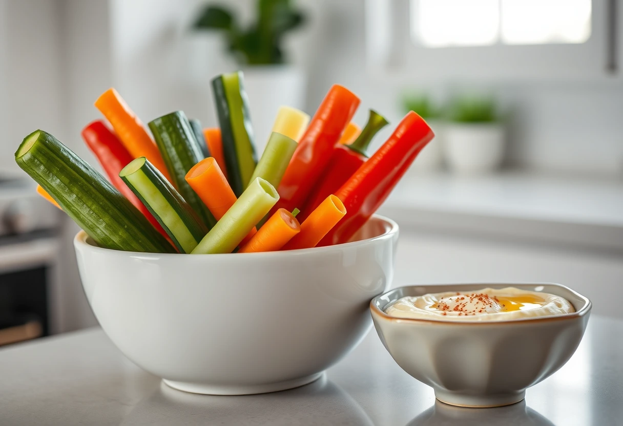 A selection of colorful vegetables like carrots, cucumbers, and bell peppers with a small bowl of hummus, ready as healthy snacks for kids.