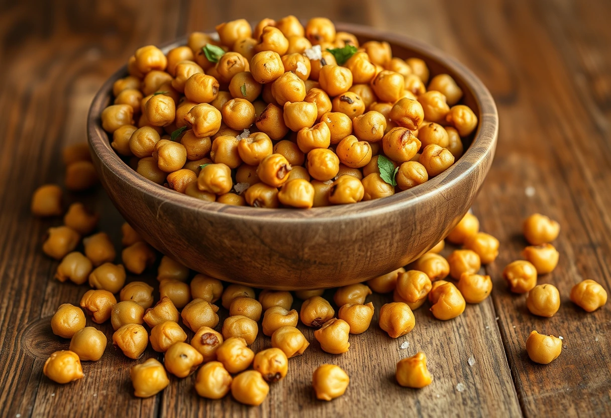 A bowl of crispy roasted chickpeas seasoned with herbs, a delicious and healthy snack option for kids.