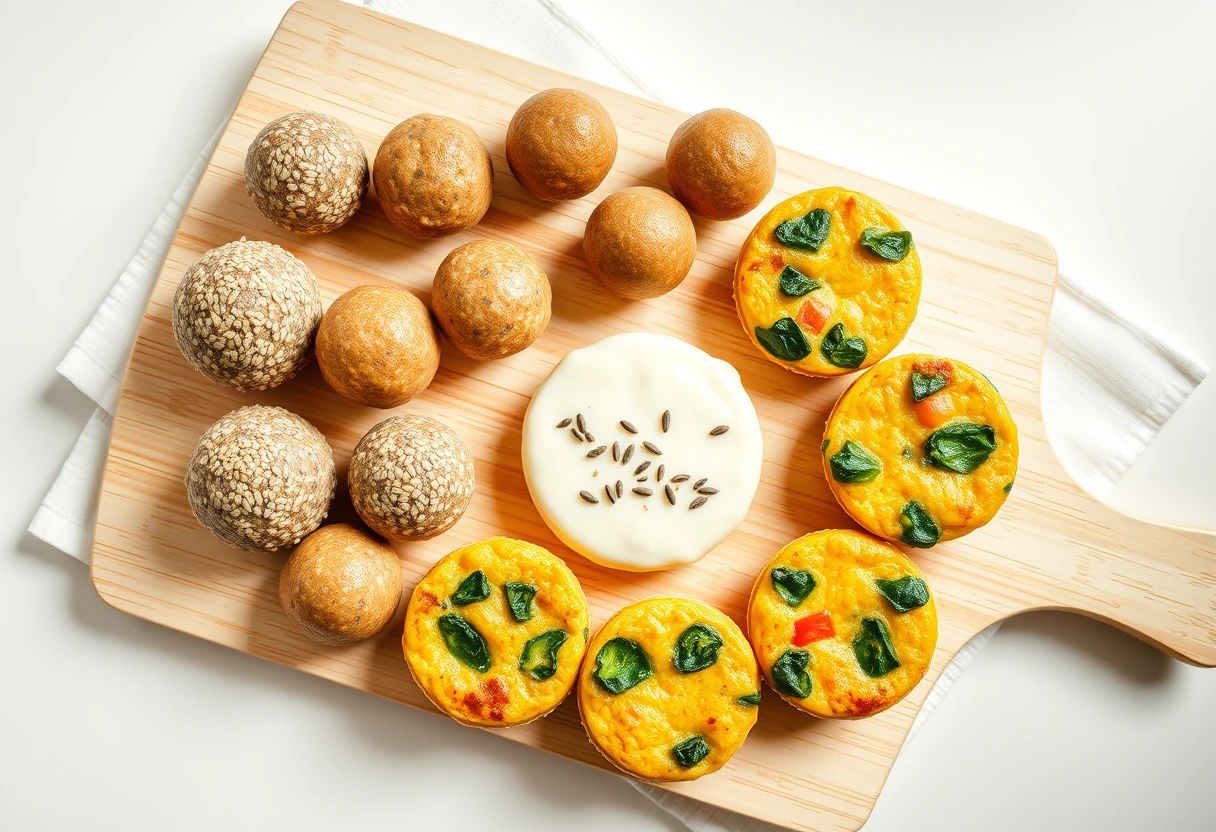 A variety of homemade energy bites and mini frittatas arranged on a wooden board, showcasing quick and healthy snacks for kids.