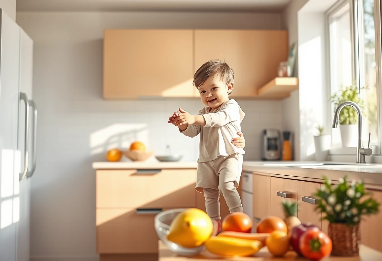 A mother and child in the kitchen, with the child reaching for a bowl of colorful fruit, emphasizing the joy of healthy snacks for children.