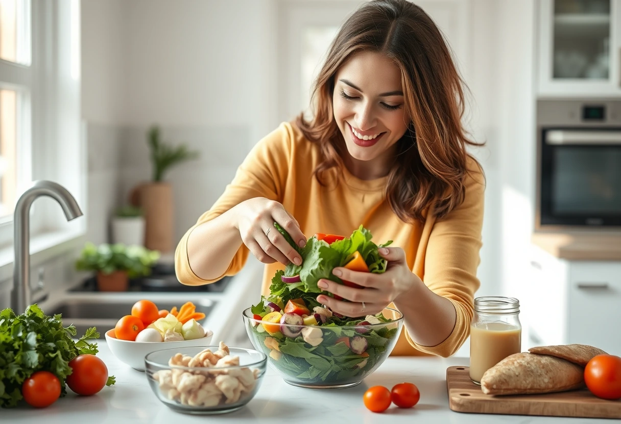 A busy young mother quickly assembling a colorful, healthy salad in her modern kitchen, with pre-prepped ingredients neatly laid out. The image emphasizes quick and satisfying lunches for your busy schedule.
