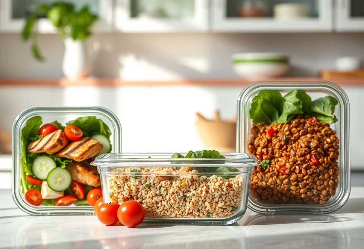 A variety of quick and satisfying lunch components, like pre-cut vegetables, cooked quinoa, and grilled chicken, neatly portioned into meal prep containers on a kitchen counter. The scene highlights efficiency and preparation for quick and satisfying lunches for your busy schedule.