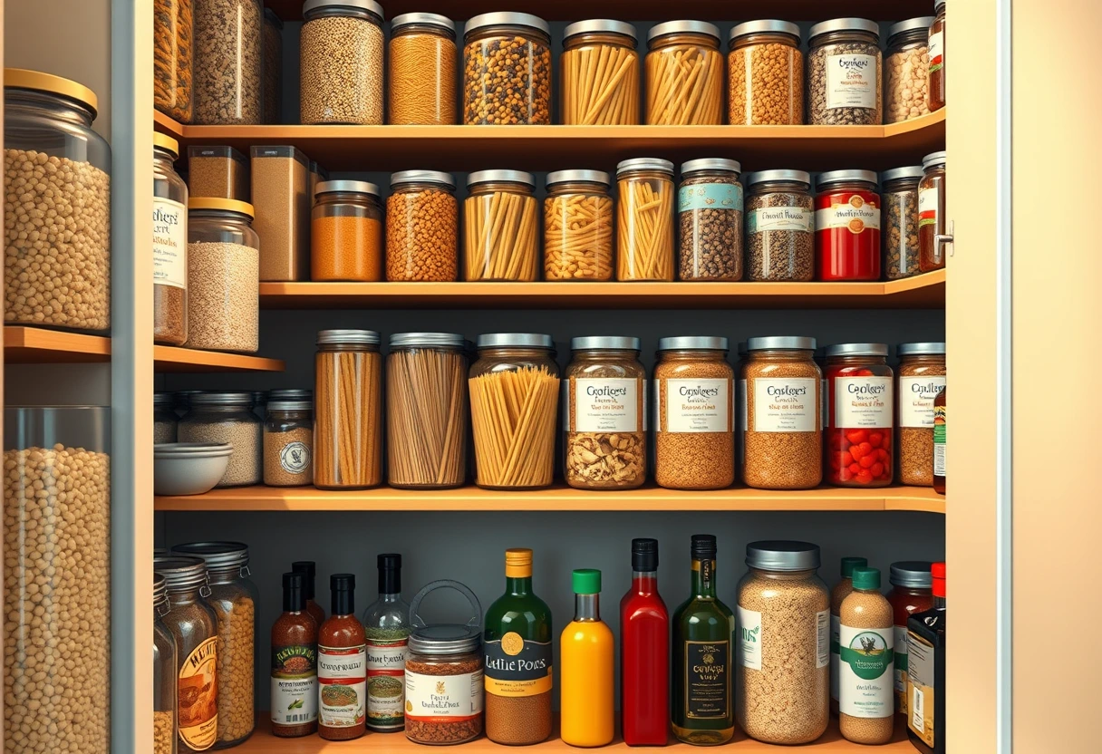 A well-organized pantry with shelves stocked with jars of grains, canned goods, and various spices, showcasing the essential ingredients for making quick and nutritious family meals from scratch.