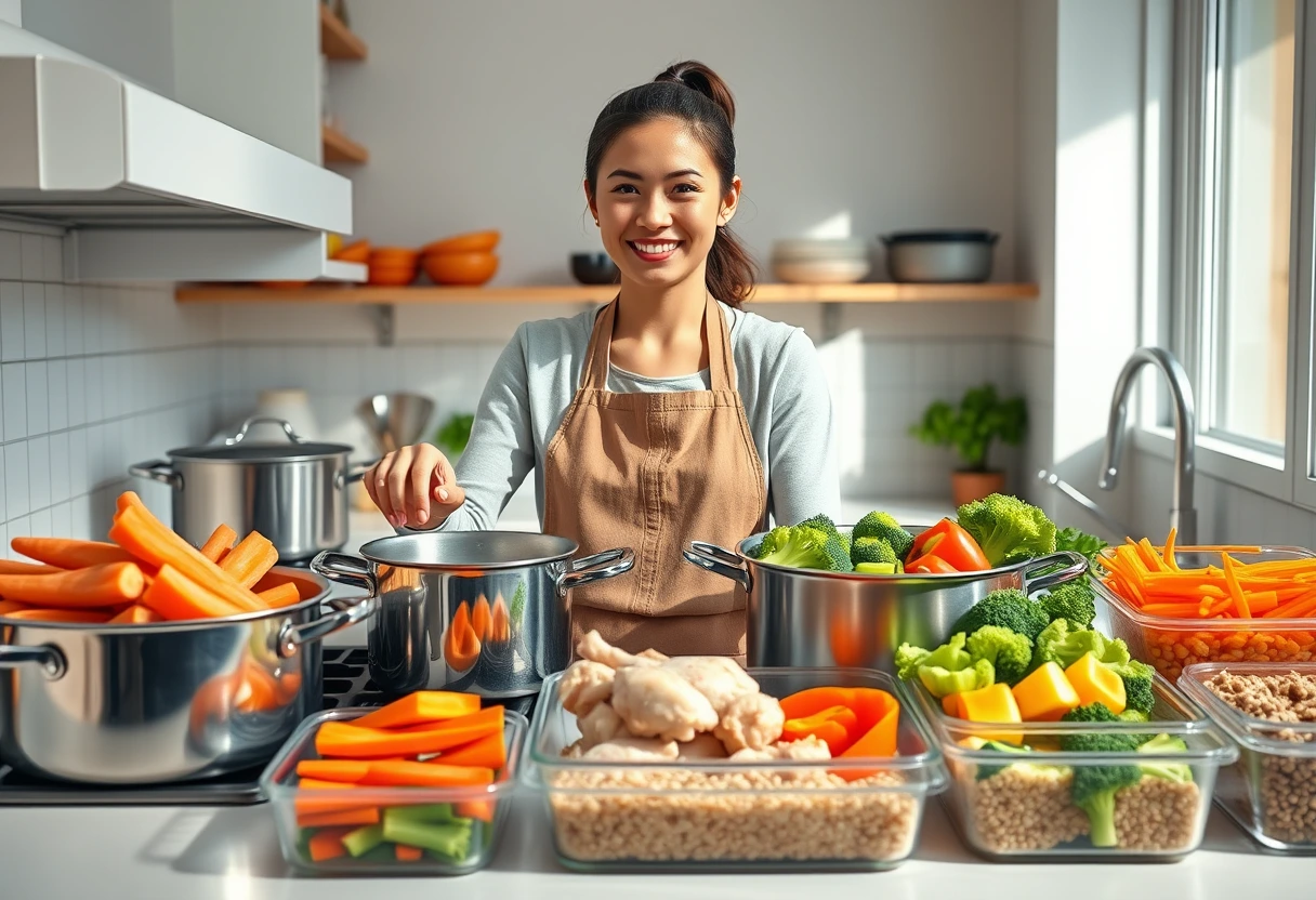 A young busy mother efficiently batch cooking healthy ingredients in a clean, modern kitchen, preparing quick and simple family meals for the week ahead.