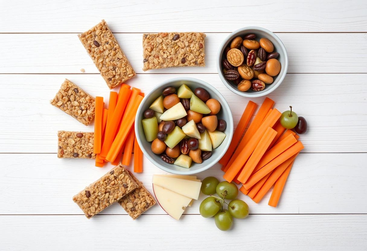 Assortment of portable, healthy snacks like fruit, granola bars, and cheese sticks, making for quick and tasty meals for a family getaway