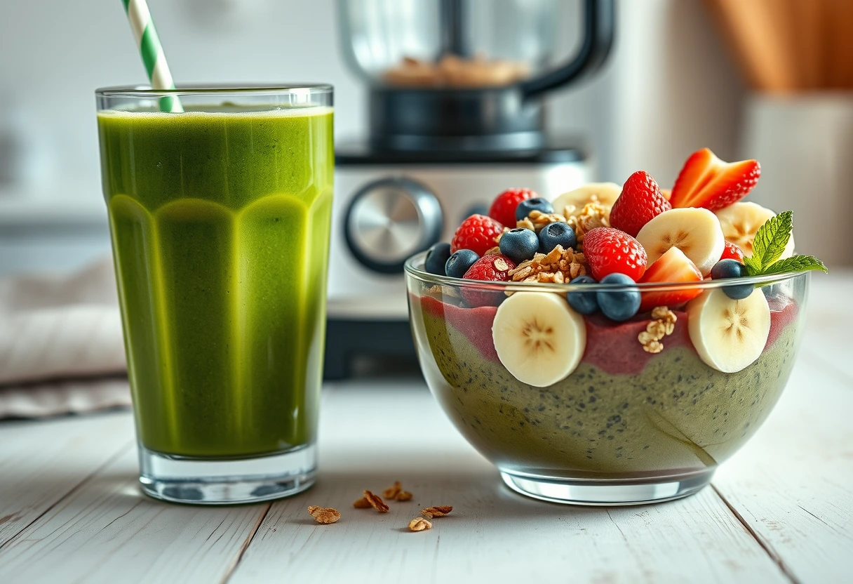 A vibrant green smoothie and a colorful smoothie bowl on a kitchen counter, representing quick and yummy breakfasts for busy moms.