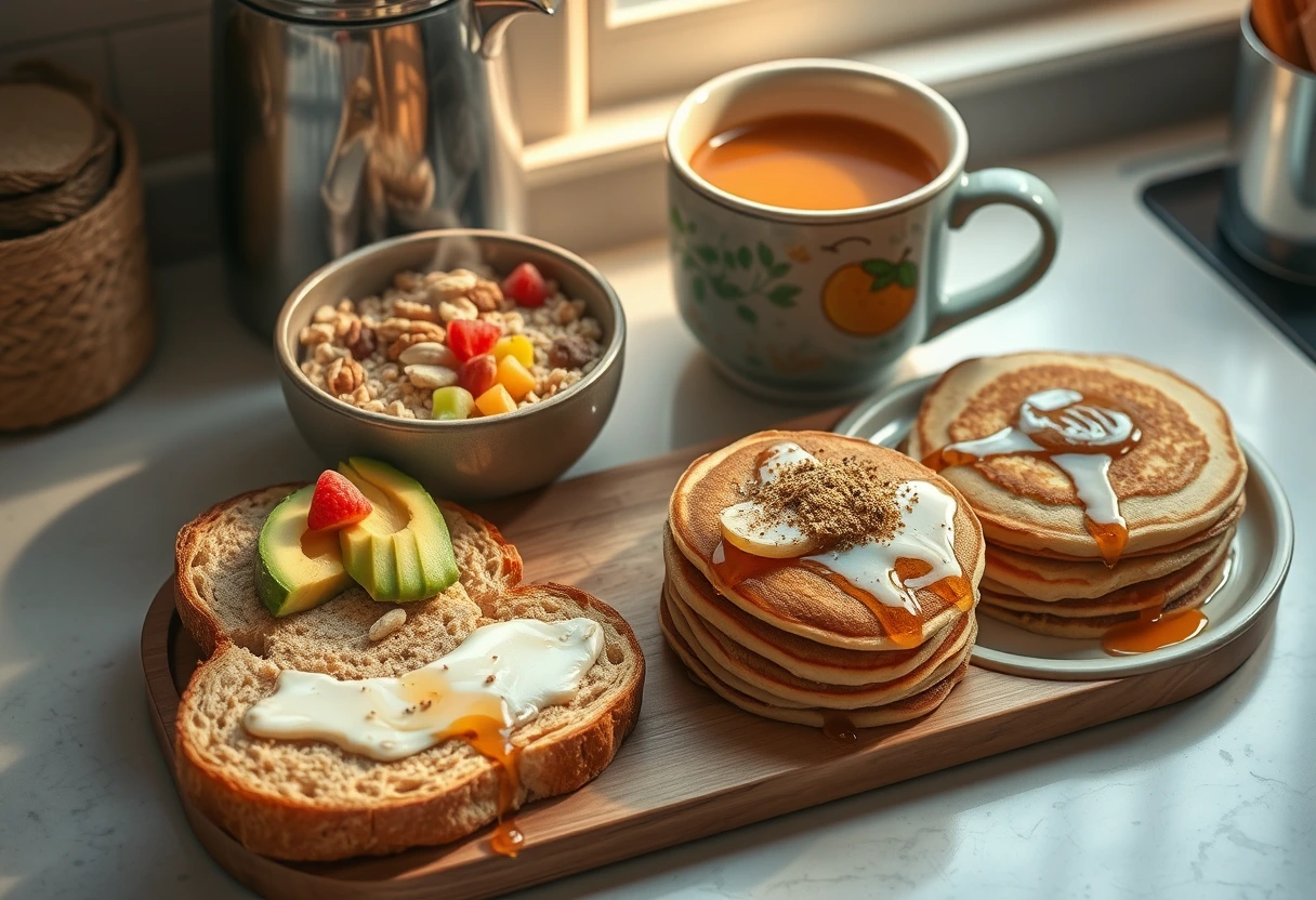 A variety of whole-grain breakfast items like oatmeal, whole-wheat toast with avocado, and whole-grain pancakes, reflecting quick and yummy breakfasts for busy moms.