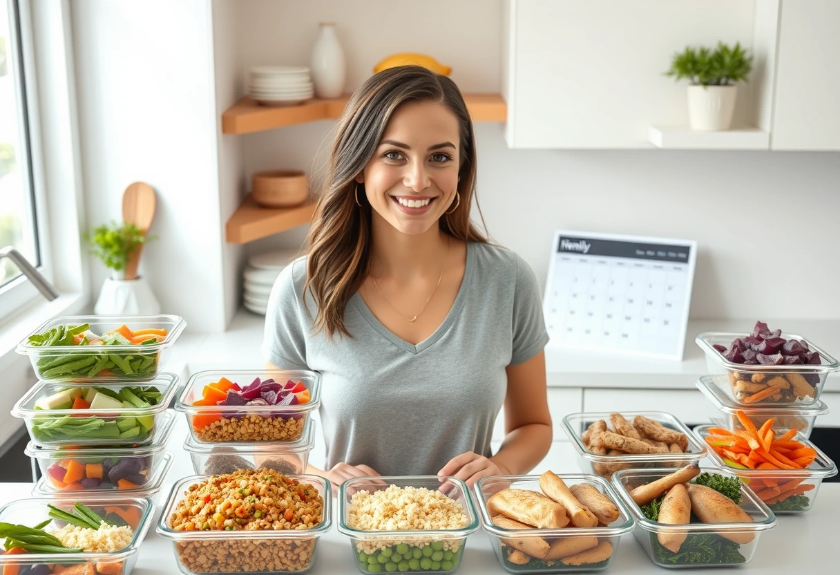 A young mother with two children happily preparing quick balanced meals for growing families in a bright, modern kitchen, showcasing meal prep containers on the counter. The image emphasizes family-friendly cooking and efficiency.