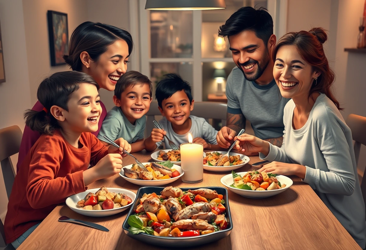 A family enjoying quick balanced meals for growing families together at a dining table, featuring colorful and healthy food. The scene conveys warmth and the satisfaction of shared mealtimes.