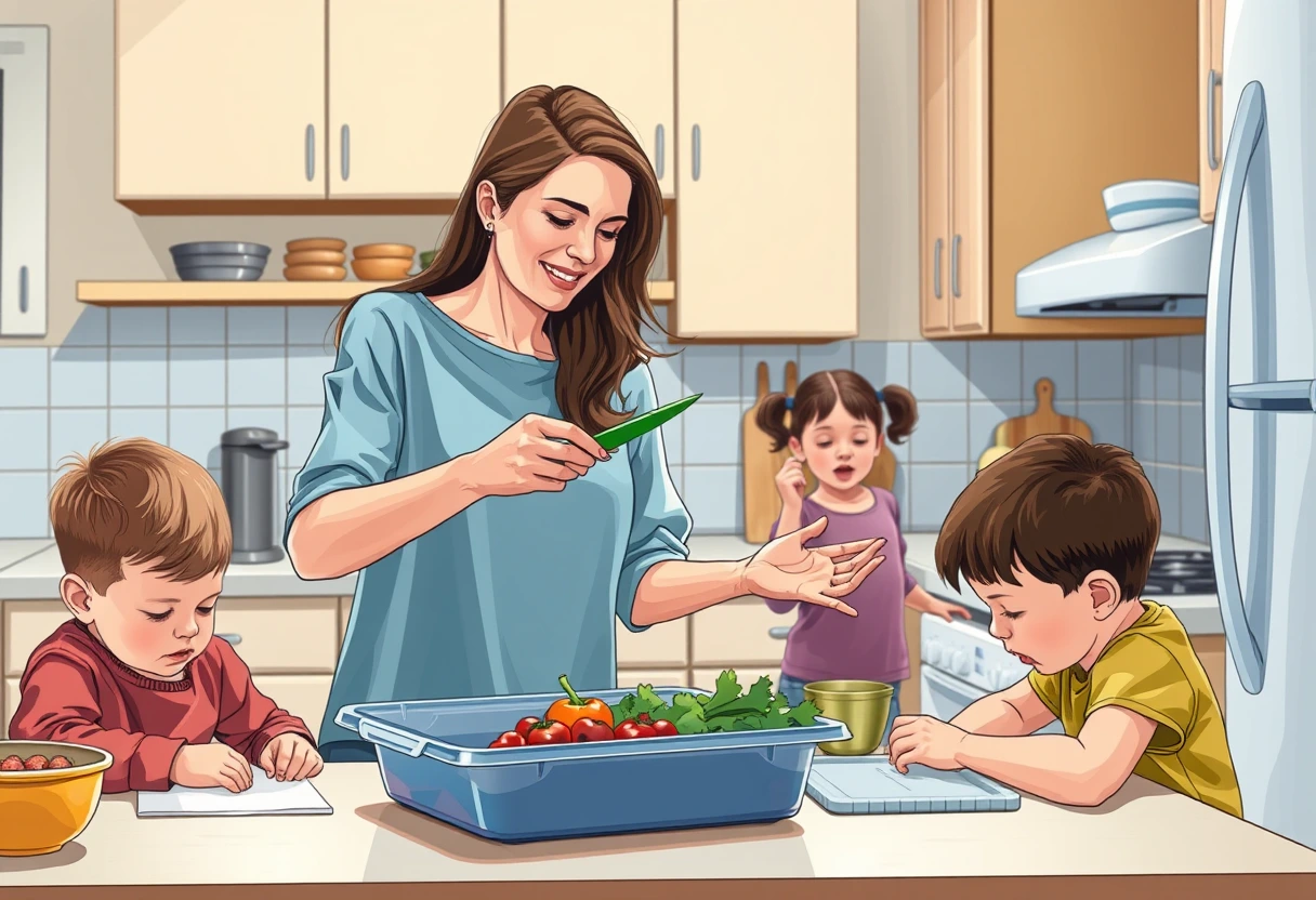 A busy mother successfully managing the kitchen and her children, indicating effective strategies for creating quick balanced meals for growing families. The scene is organized yet dynamic.