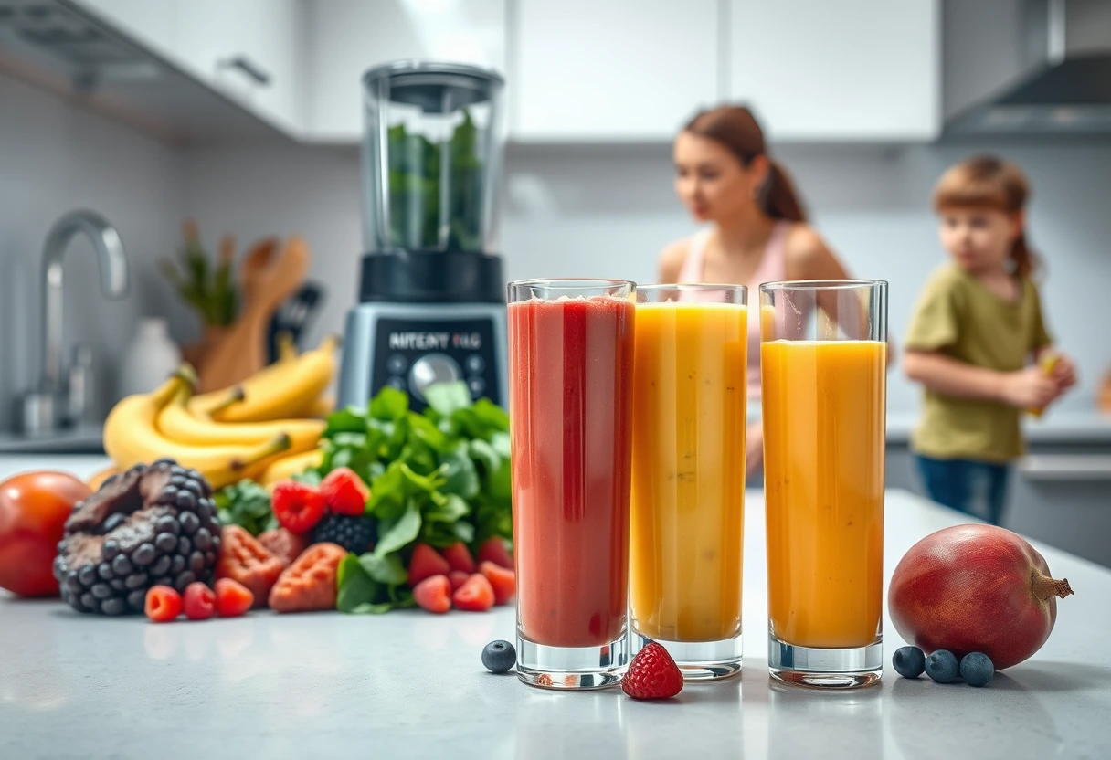 A family smiling and holding colorful breakfast smoothies, representing a fast and nutritious start to the day for busy moms and their families.