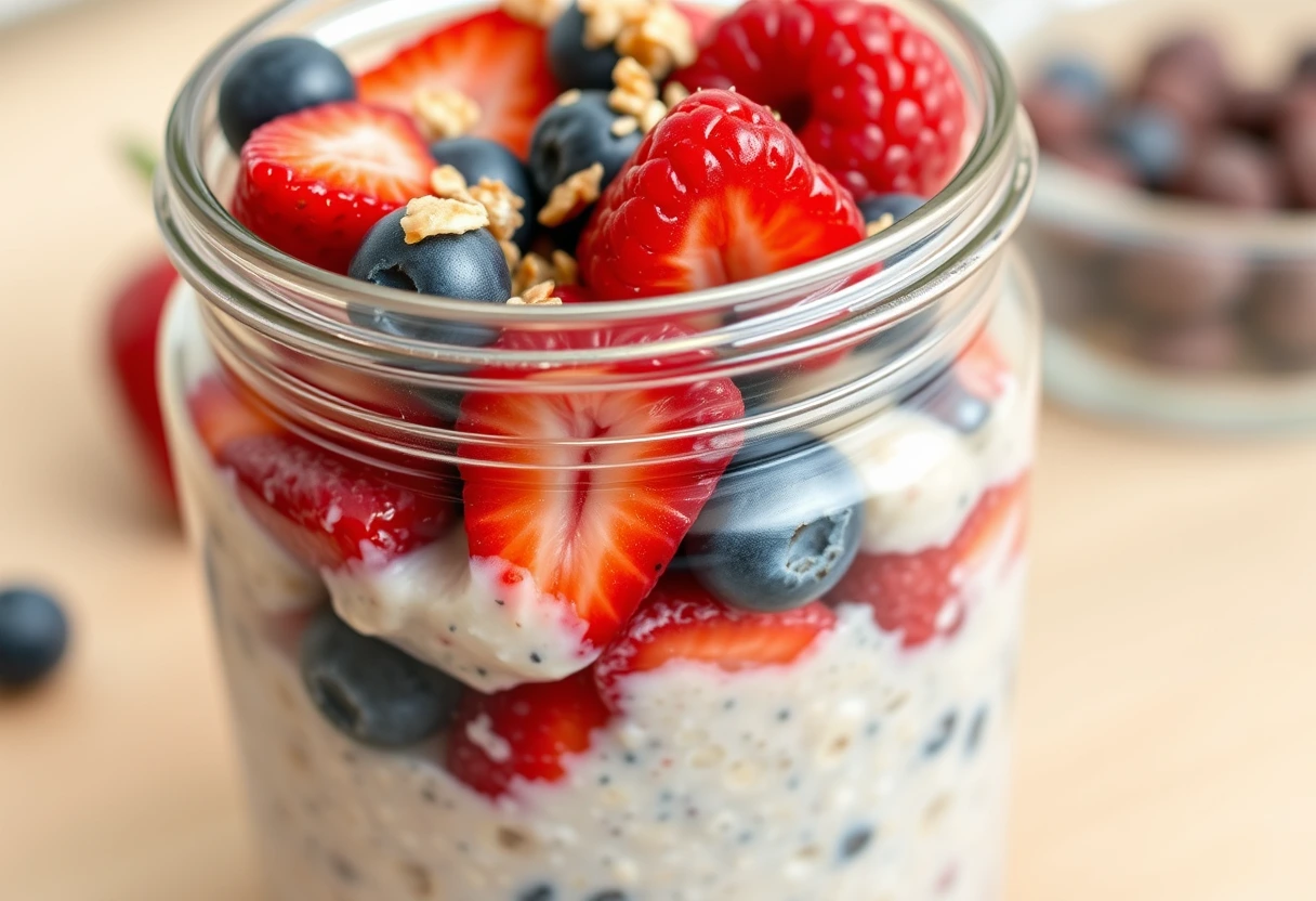 A close-up shot of a glass jar filled with colorful overnight oats, topped with fresh berries and nuts, ready to be eaten. The perfect quick breakfast for exhausted new moms.