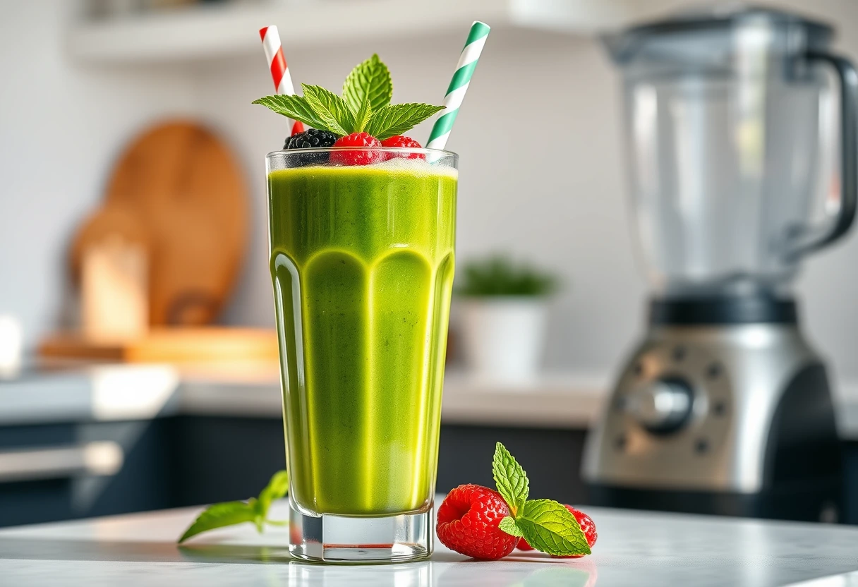 A vibrant green smoothie in a tall glass with a straw, garnished with fresh berries and mint leaves, sitting on a kitchen counter. A perfect quick breakfast idea for an exhausted new mom looking for a nutrient boost.