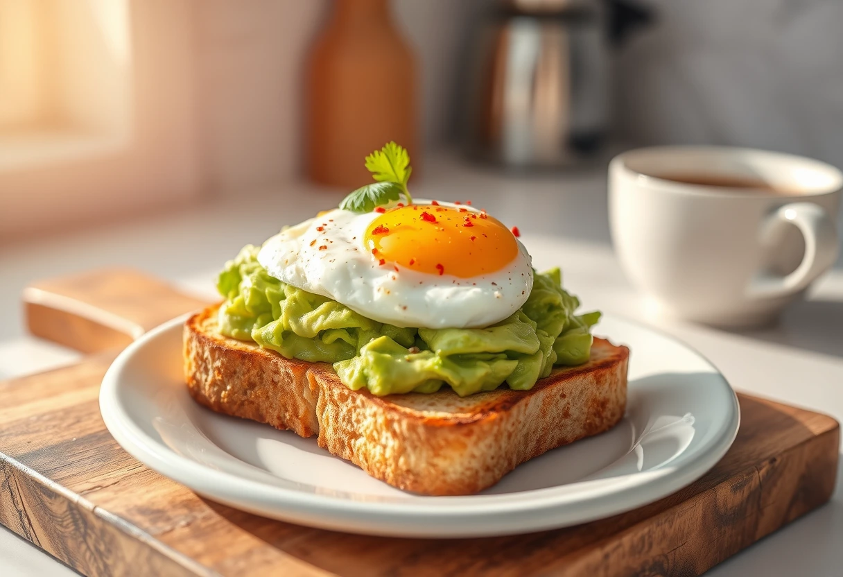 A perfectly prepared slice of avocado toast on a rustic wooden board, topped with a soft-boiled egg and red pepper flakes. This visually appealing and easy quick breakfast is ideal for new moms.