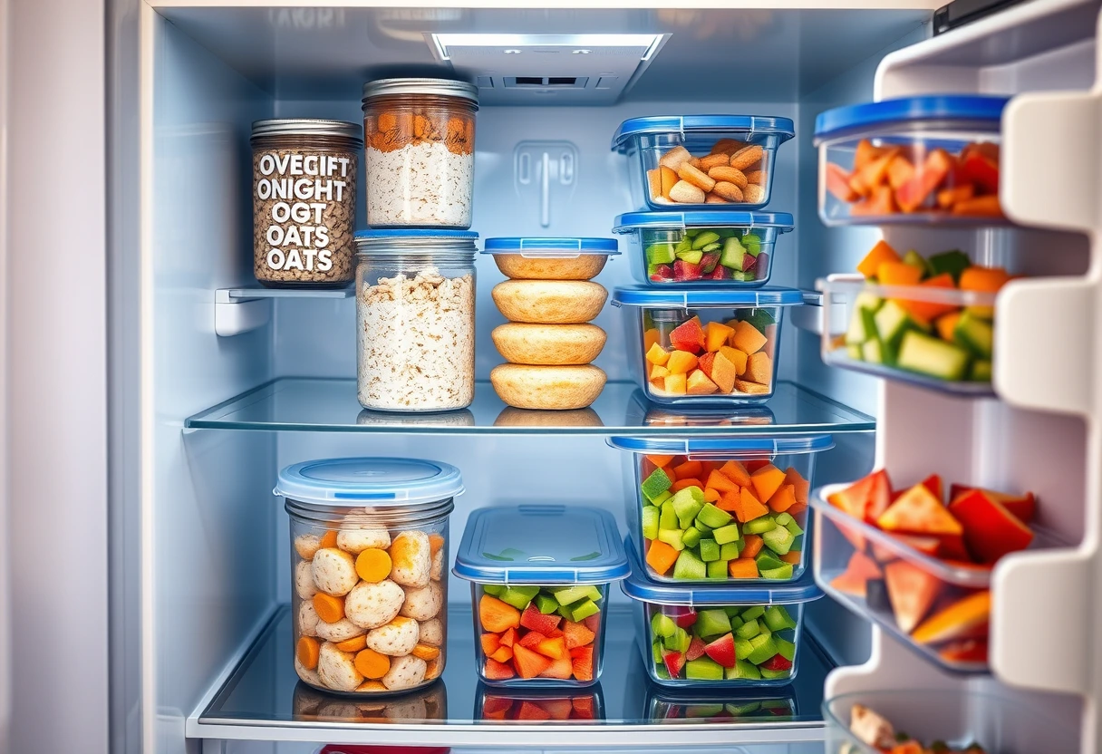 A well-organized refrigerator with various meal-prepped containers, including jars of overnight oats, egg muffins, and chopped fruits and vegetables. This demonstrates smart meal prep for quick breakfast ideas for exhausted new moms.