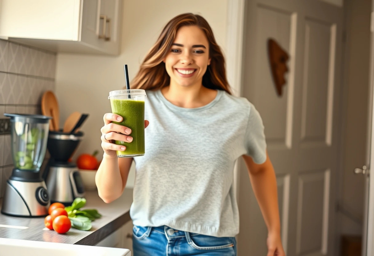 A smiling young mother quickly blending a vibrant green smoothie in her modern kitchen, ready for a quick breakfast for moms short on time.