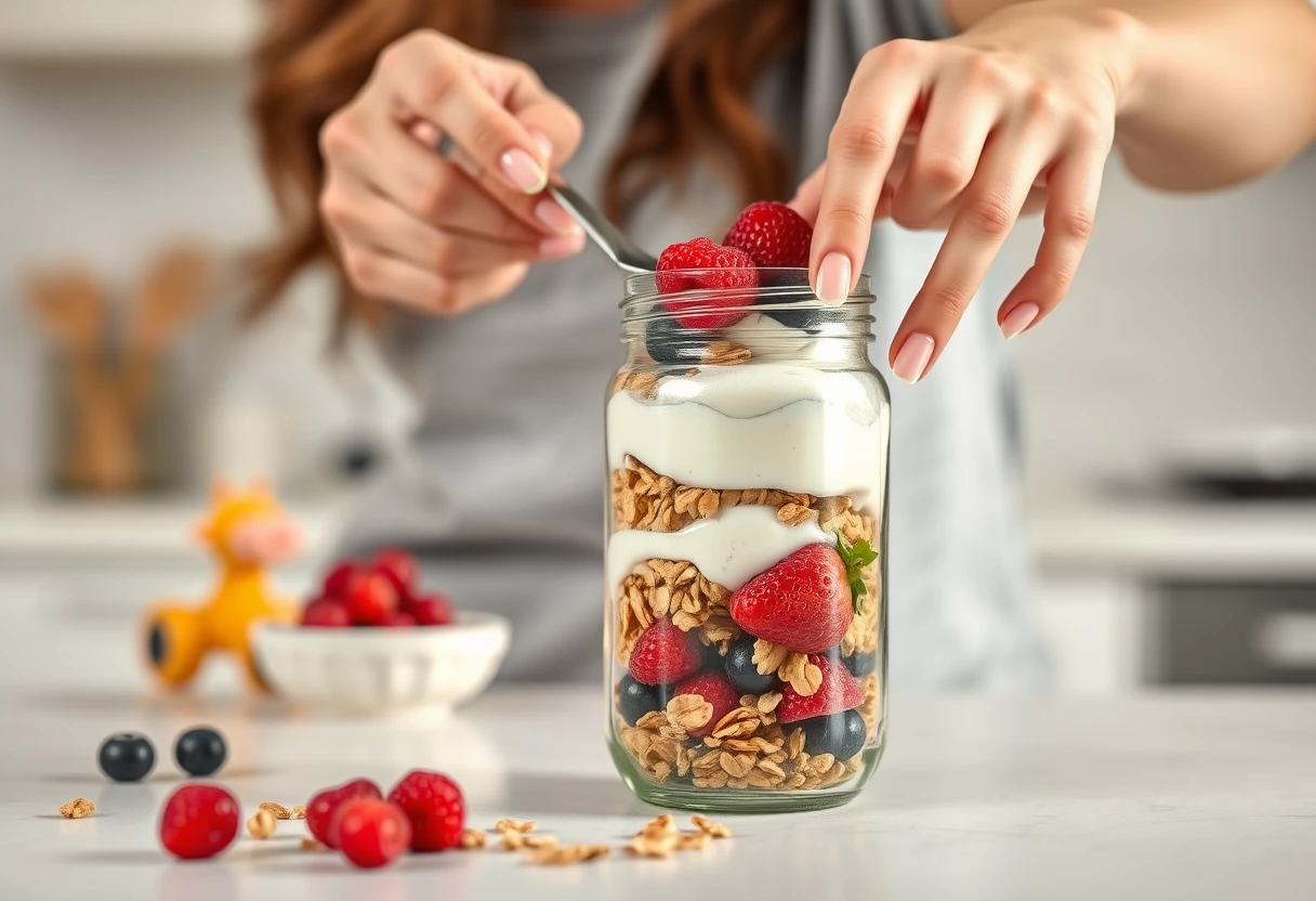 A mom quickly assembling a yogurt parfait with granola and berries for a quick breakfast for moms short on time, showing layers of creamy yogurt and fresh fruit.