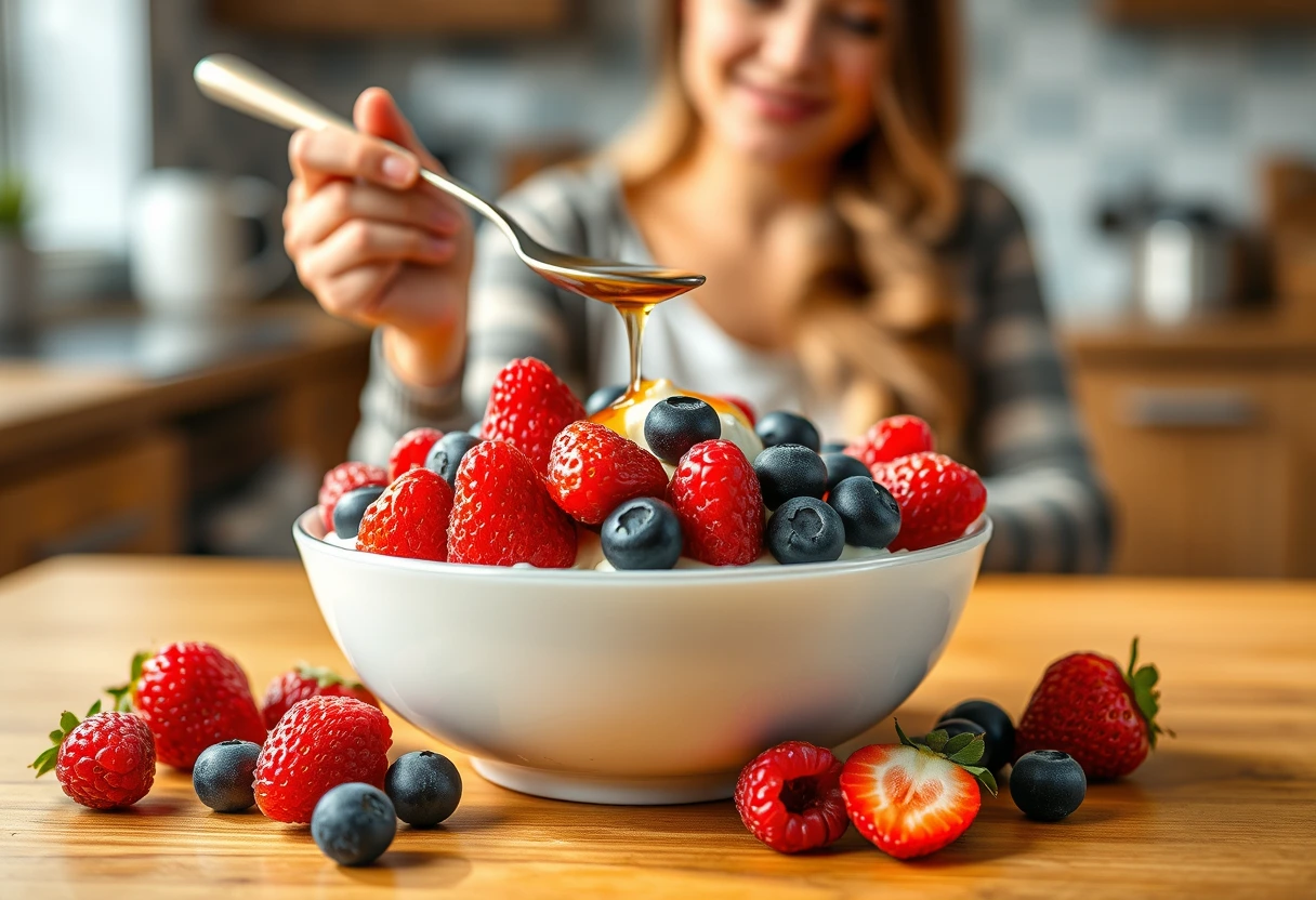A busy mom enjoying a quick breakfast of cottage cheese topped with fresh berries and a drizzle of honey, ready to tackle her day, representing quick breakfasts for moms short on time.