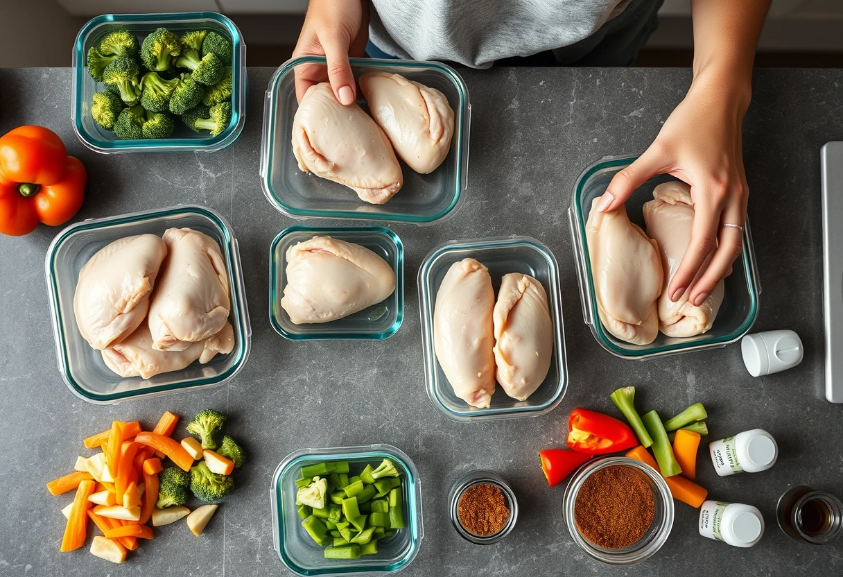 A busy young mother efficiently portioning and storing pre-cooked chicken breasts in glass containers on a clean kitchen counter, ready for quick chicken meals perfect for hungry kids and busy nights.