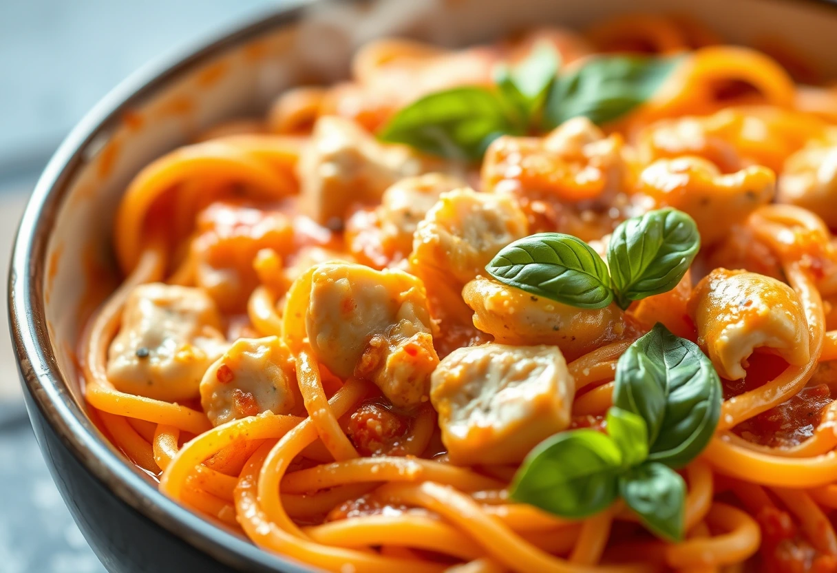 A close-up of a steaming bowl of creamy tomato chicken pasta, garnished with fresh basil, showcasing a quick chicken meal perfect for hungry kids and busy nights.