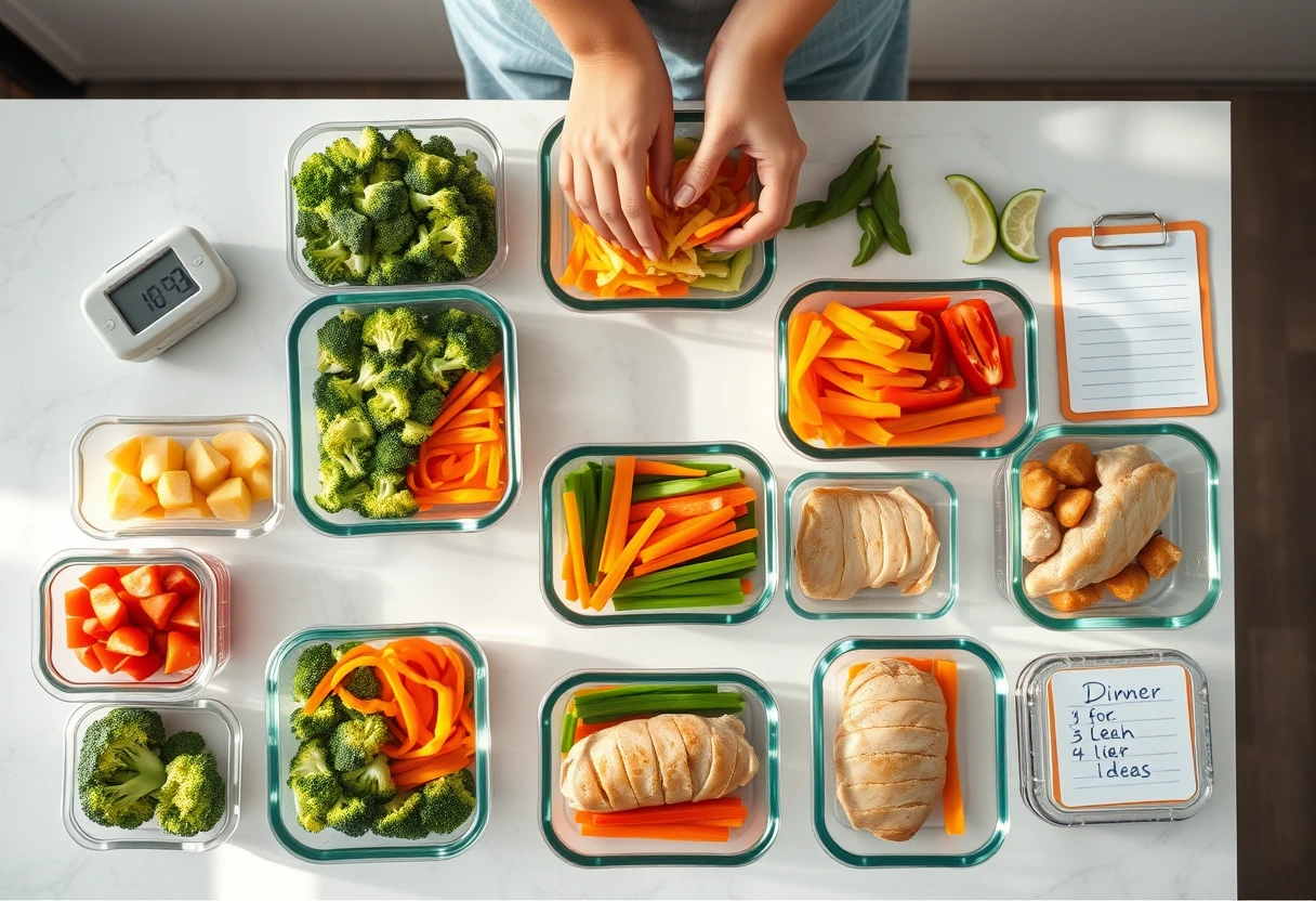 A busy young mother efficiently meal prepping quick dinner recipes that even picky kids will eat, organizing containers of pre-chopped vegetables, cooked grains, and lean proteins on a clean kitchen counter. The scene emphasizes organization and health.