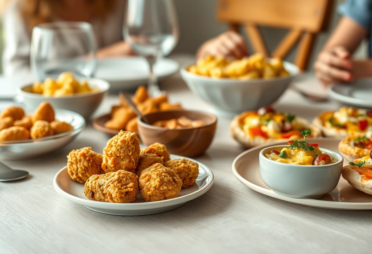 A delightful spread of reinvented quick dinner recipes that even picky kids will eat, including hidden veggie meatballs, macaroni and cheese with pureed cauliflower, and miniature chicken quesadillas, all arranged invitingly on a family dinner table.