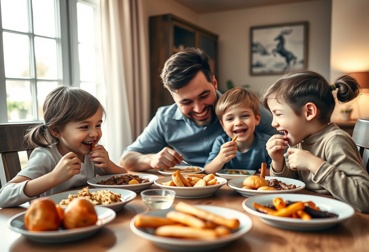 A happy young family, including a busy mother and two smiling children, gathered around a dinner table, enthusiastically enjoying quick dinner recipes that even the pickiest kids will eat. The atmosphere is warm and inviting, promoting joyful family meals.