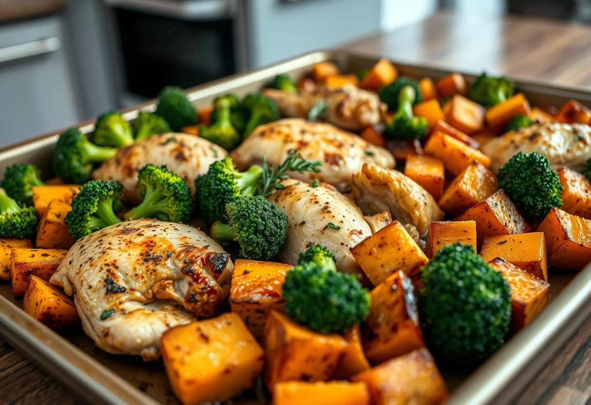 A colorful sheet pan dinner with roasted chicken, broccoli, and sweet potatoes, showcasing quick family recipes you’ll keep coming back to.