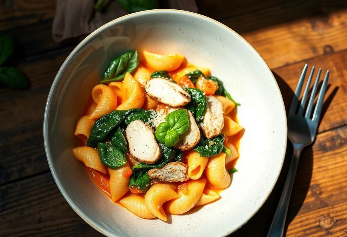 A bowl of creamy tomato pasta with spinach and grilled chicken, representing quick family recipes you’ll keep coming back to.