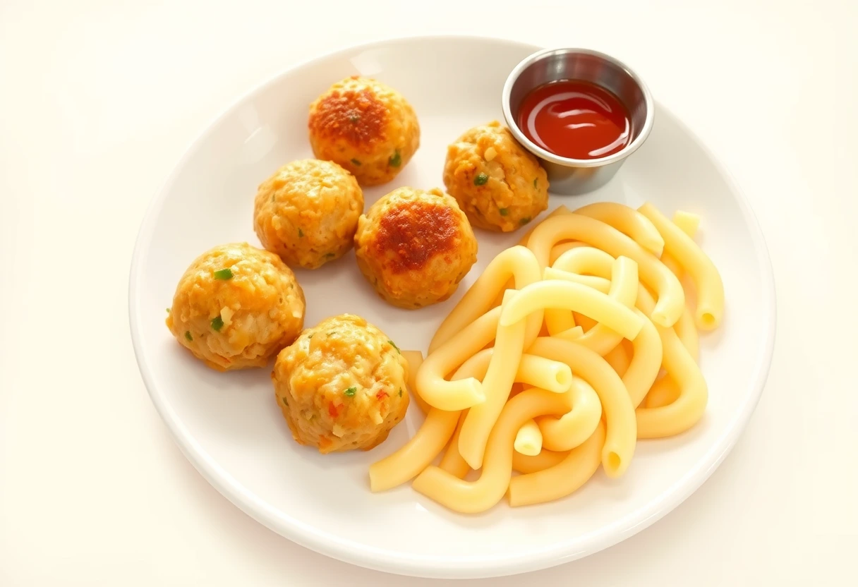 A plate of homemade mini chicken and veggie meatballs with a side of pasta, a delicious quick family recipe.